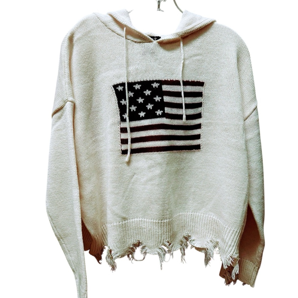 🆕 White Distressed Hoodie Knit Sweater with Flag Design Size S